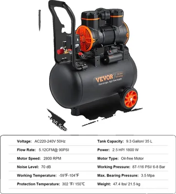 Zdjęcie produktu dla Kompresor powietrza VEVOR Silent, pojemność 9,3 galona, moc 2,5 KM, 35 l 1800 W, 35 l 1800 W
