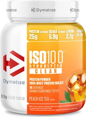 Produktbild von Dymatize ISO 100 Hydrolized Clear Peach Ice Tea 528g Whey Protein Pulver
