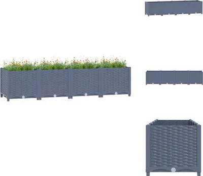 A long, gray planter box filled with small flowers and greenery, shown from the front.