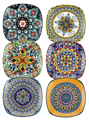 Quadratische Dessertteller, Porzellan, 18 cm, 6er Set, bunt, Boho-Stil