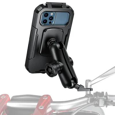 Zdjęcie produktu dla Wodoodporny uchwyt na telefon do motocykla, montowany do lusterka, z kulką 1 cala, zabezpieczenie antykradzieżowe, podwójny ramienny uchwyt, obrót o 720 stopni, rozmiar L (smartfony 5,5"-7,0")