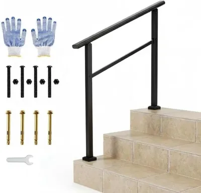 Immagine prodotto di Corrimano esterno - Ringhiera per scale in alluminio - Regolabile - Per 3 gradini - Montaggio a pavimento - Resistente alle intemperie - Kit di montaggio fai da te - 1 pezzo - Nero