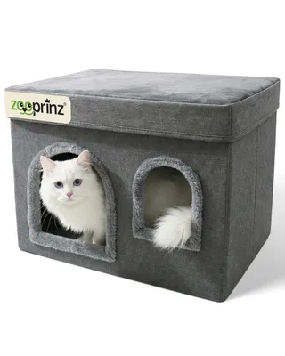 Produktbild von Katzenhöhle Katzenhaus Katzenbett zooprinz Sammy | Plüsch | Faltbar | Wendekissen | Anti-Rutsch-Boden | Leinenstoff | 3 mm MDF