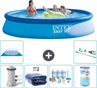 Produktbild von Intex runder aufblasbarer Easy Set-Schwimmpool – 396 x 84 cm – Blau – inklusive Pumpe Sonnensegel - Wartungspaket - Filter - Bodenplane - Staubsauger