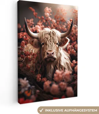 Produktbild von MuchoWow® - Leinwandbilder - Schottische Highlander - Tier - Natur - Blumen - Botanisch, Wandbild, Wanddeko Bilder Wohnzimmer, 60x90 cm