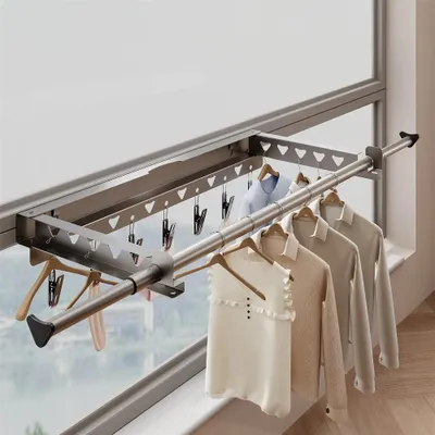 Produktbild von Wand-Wäscheständer - Ausziehbar klappbar 55 cm - Edelstahl - 7 Klammern - Grau
