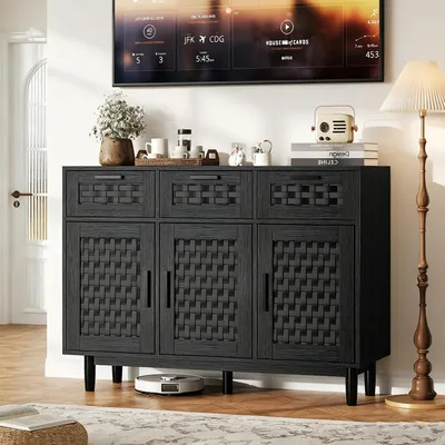 Obrázok produktu pre Komoda INONEFT s úložným priestorom, komoda s 3 dvierkami a 3 zásuvkami, ratanová komoda s drevenými nohami, kuchynská skrinka, čierna