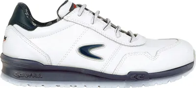 A side view of a white and navy blue athletic shoe.