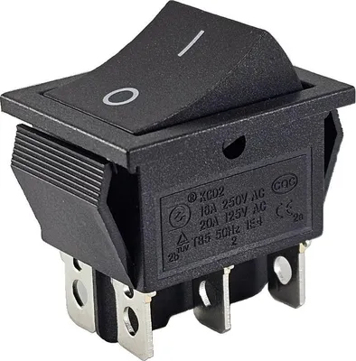 A close-up, angled view of a black electrical rocker switch.