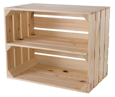 A wooden crate with two shelves, presented against a white background.