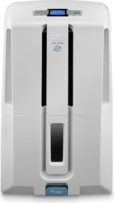 Front view of a white dehumidifier with a blue control panel and a blue pump button.