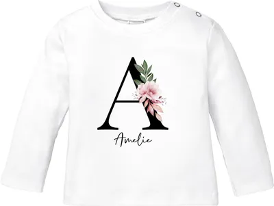 Produktbild von Baby Langarmshirt mit Namen personalisiert Monogramm Initiale Anfangsbuchstabe anpassbar Mädchen Baumwolle SpecialMe® weiß 56/62 (1-3 Monate)