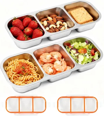 Imagen del producto de Caja para snacks con 3 compartimentos, 2 unidades, 26,2 x 10,5 x 5 cm, libre de BPA, ideal para la escuela y el camping