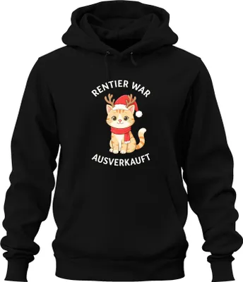 Produktbild von Rentier war t Weihnachten Katze lustig Geschenk süß Uni Hoodie Kapuzenpullover, Schwarz, XXL