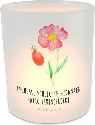 Produktbild von Mr. & Mrs. Panda Windlicht aus Glas Blume Hagebutte - Transparent - Geschenk, Teelichthalter, Schlechte Gedanken, Kerzenhalter, Lebensfreude, Outdoor, Garten