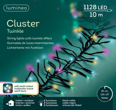 A close-up marketing image of a string of colorful LED cluster lights with text overlays describing features.