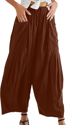 Image de ASKSA Pantalon Femme Jambe Large Haute Taille Plis Longs Pantalon d'été Lacets Lâches Casual Confortable avec Poches, Marron Foncé, M