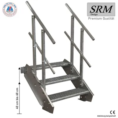 Produktbild von 3 Stufen Stahltreppe beidseitig. Geländer Breite 110cm Geschosshöhe 40-60cm