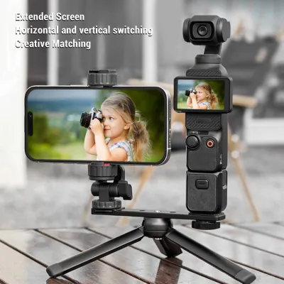 Productafbeelding van Telefoonhouder voor de Pocket 3, met een bevestigingsaccessoire en een 1/4-inch schroefdraadgat. Geschikt voor gebruik met een statief of selfie-stick