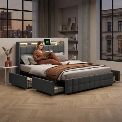 Image de Lit rembourré ProximaX 160 x 200 cm, revêtement en lin, 4 tiroirs, éclairage LED RGB, station de recharge USB, tête de lit avec espace de rangement, sommier à lattes, gris