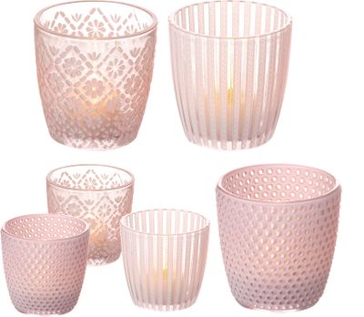 6x Windlicht Glas Set 3 Motive, 2 Größen - 7,5 & 9 cm hoch - Teelicht-Gläser Windlichter Dekoglas für Kerzen & Teelichter : Pink