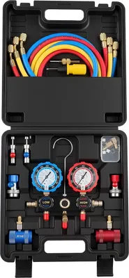 Immagine prodotto di Set di manometri per climatizzatori per refrigeranti R134a, R404A, R1234yf e R22, manometro a 3 vie con tubi flessibili da 1,5 m, adattatori, raccordi rapidi e rubinetti per la manutenzione e il riempimento/svuotamento degli impianti di climatizzazione delle automobili.