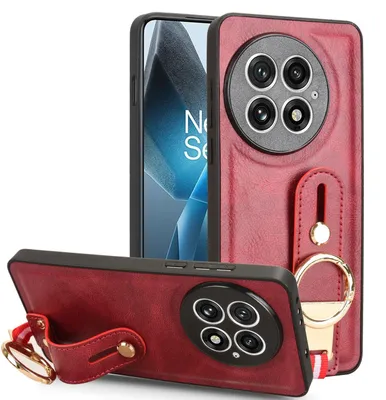 Productafbeelding van Beschermhoes van kunstleer en TPU voor de OnePlus 13, met polsband en ringhouder, in de kleur rood