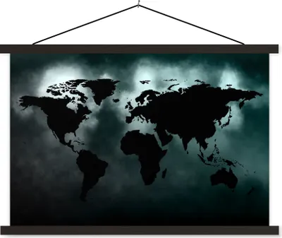 Produktbild von MuchoWow® Textilposter Weltkarte - Schwarz und weiß 90x60 cm mit schwarzem Rahmen - Aufhängungssatz
