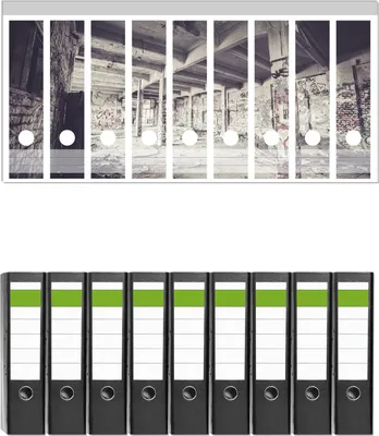 Produktbild von Wallario 9 Stück breite Ordner inkl. Klebeetiketten mit Motive Alte verlassene Fabrikhalle -  Set mit Rückenschildern / Ordnerrücken Stickern