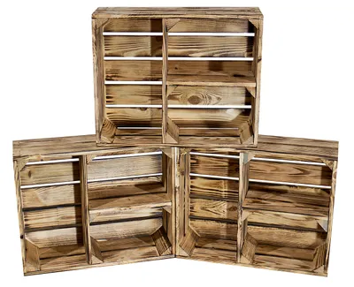 Produktbild von 3er Set geflammte/braune Kiste mit 3 Fächern 50cm x 40cm x 16cm Obstkiste Regal Holzregal Apfelkiste Weinkiste