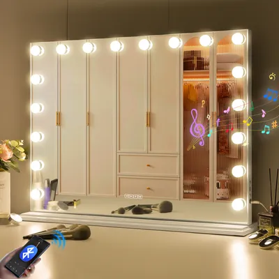 Obrázek produktu pro VANITII Hollywoodské kosmetické zrcadlo 80 cm x 58 cm s osvětlením 18 stmívačů 3 režimy osvětlení Bluetooth kosmetické zrcadlo do koupelny toaletní stolek Bílá