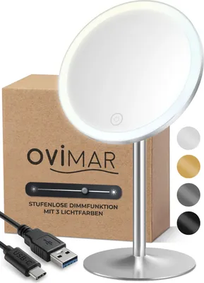 Produktbild von ovimar Kosmetikspiegel Bogo silber | mit Beleuchtung | wiederaufladbar | freistehend | im Badezimmer | 5fach Vergrößerungsspiegel | Schminkspiegel mit Licht | 360 Grad Spiegel