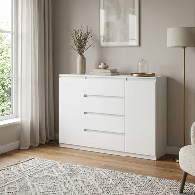 Produktbild von Masseno Kommode NUDO 138,5 cm Sideboard mit 4 Schubladen und 2 Türen für Wohnzimmer Schlafzimmer Modern 138,5x39x101,5 cm Weiß / Weiß