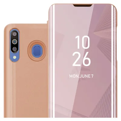 A pink phone case with a transparent flip cover displaying the time and date.