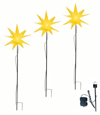3er-Set LED-3D-Sterne, gelb, Ø 27 cm, wetterfest, Timer