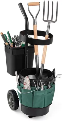 Produktbild von Gartenwagen, Werkzeugtrolley mit 10 + 20 L Eimer, Tasche aus Oxford-Gewebe, Werkzeugwagen mit Gerätehalter, Transportwagen für Gartenwerkzeug, Stahl, für Garten Keller
