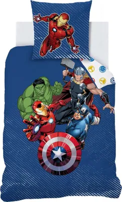 Produktbild von Unyqoos® Marvel Avengers Bettbezug Team – für Einzelbett 140 x 200 cm, 100% Baumwolle, Wendeseite, inkl. Kissenbezug 63 x 63 cm