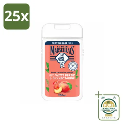 Imagen del producto de 25 unidades de gel de ducha Le Petit Marseillais, fórmula orgánica con melocotón y nectarina, 250 ml. Pack ahorro