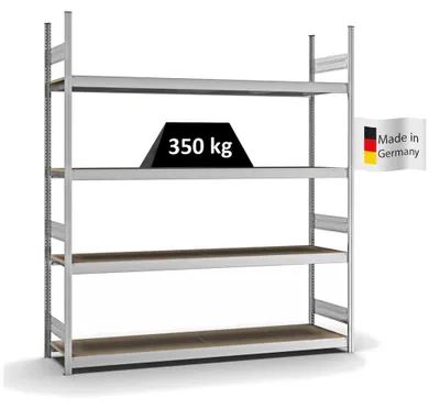 Produktbild von PROREGAL Weitspannregal Stecksystem MAGNUS  Germany | HxBxT 250x225x50cm | 4 Ebenen | Spanplatten-Fachboden | Fachlast 350kg | Verzinkt