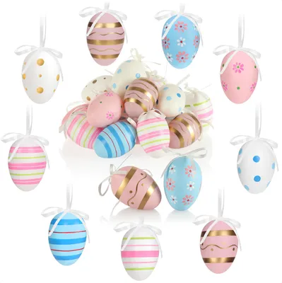 Produktbild von com-four® 18x Ostereier zum Aufhängen - bunte Ostereier mit Muster - Hängedeko aus Kunststoff für den Osterstrauß - rosa, blau, weiß