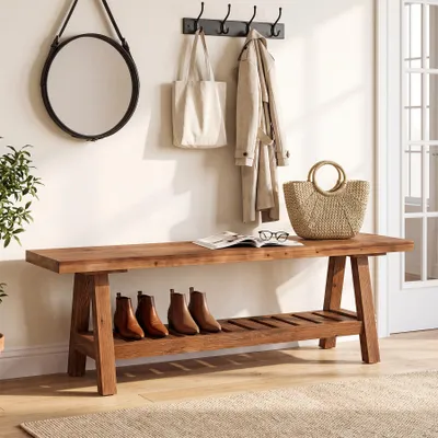 Produktbild von 140 cm Massivholz Schuhbank mit Ablagefach, Eingangsbank, zweistöckige Sitzbank im Landhausstil für Flur, Fußende des Bettes, Wohnzimmer, Braun