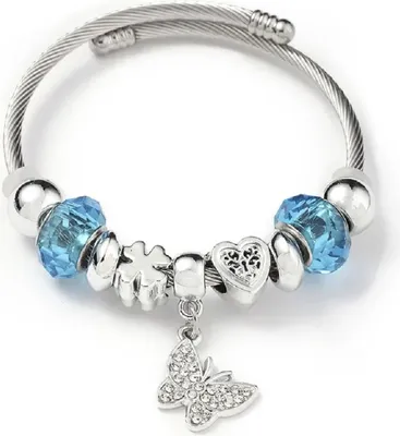 Produktbild von Charm-Armband mit blauen Kunststoffperlen & 10 Symbolanhängern – Edelstahl – wechselbare Designs Schmetterling