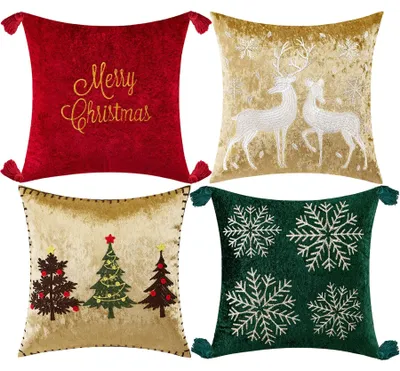 Productafbeelding van Solidchoice - Set van 4 Kussenhoezen met Kerstborduurwerk 45 x 45 cm