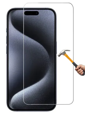 A screen protector is shown being tested with a hammer on a smartphone.