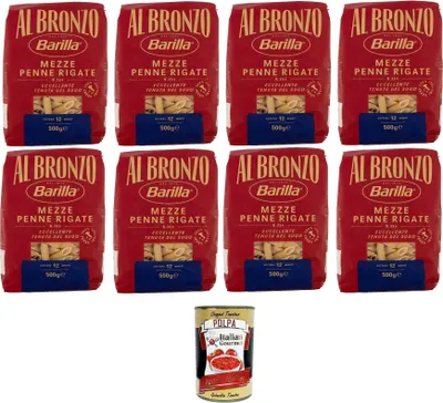 Produktbild von Barilla Al Bronzo Pasta Mezze Penne Rigate Bronze Gezogene Pasta Rohe Verarbeitungsmethode 8x 500gr + Italian Gourmet polpa 400g