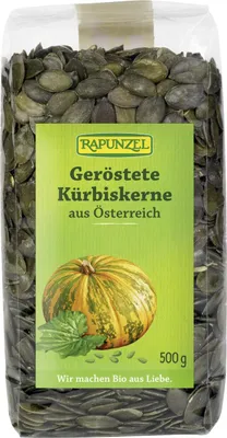 A bag of roasted pumpkin seeds with a label showing a pumpkin and text.