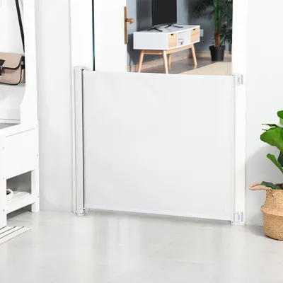 Image de Barrière de sécurité escamotable pour escalier, àd'une seule main, barrière de sécurité pour chien, acier et plastique, blanche | Hauteur : 82,5 cm | Largeur : 5,5 à 115 cm
