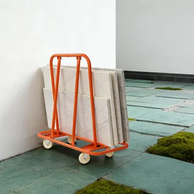 Produktbild von Schwerlast-Gipskartonplattenwagen - Tragfähigkeit 1000 kg - Q235-Stahlrahmen - Dreieckige Stütze - 4 Nylonrollen mit Bremsen - Orange