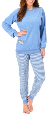 Produktbild von Damen Frottee Pyjama Schlafanzug mit Bündchen und süsser Tier Applikation - 202 201 13 110 ; hellblau , 36