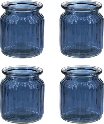 Produktbild von Windlicht Glas gerillt 8x9cm 4er Set dunkelblau